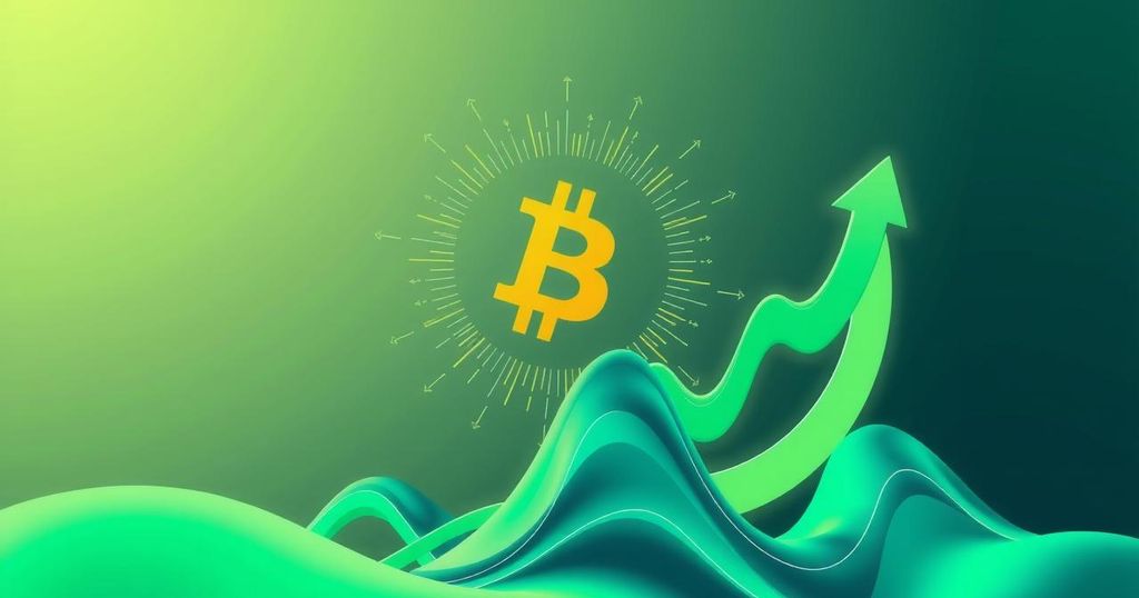 Abstract digital illustration showing Bitcoin symbol with a rising graph and green hues representing market trends.