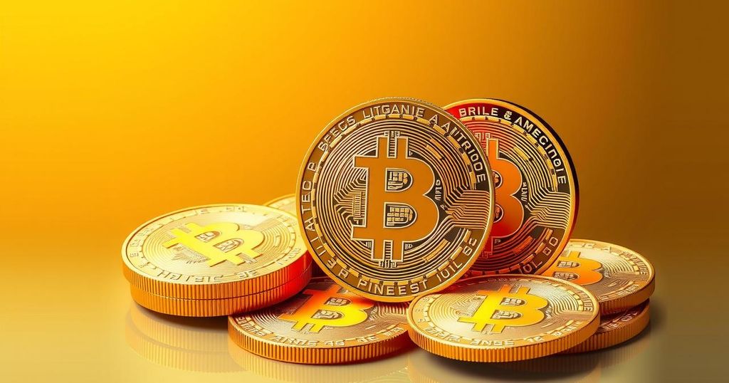 Digital artwork of Bitcoin coins symbolising institutional investment surge, with a golden colour scheme and geometric design.