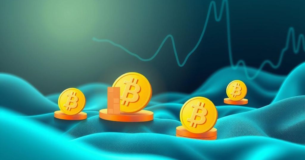 A digital representation of Bitcoin symbols amidst calming financial graphs and abstract colours, symbolizing stability.