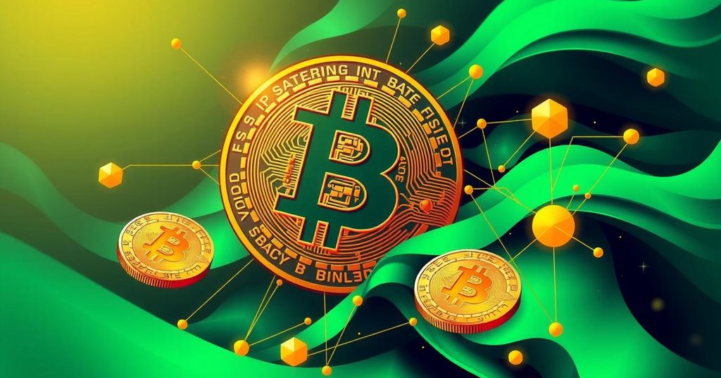 Bitcoin predictions and financial independence concept in vibrant colours with abstract shapes in a modern style.