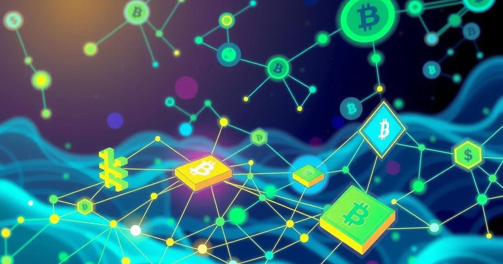 A digital illustration depicting a vibrant cryptocurrency ecosystem with network nodes and interconnected blocks.