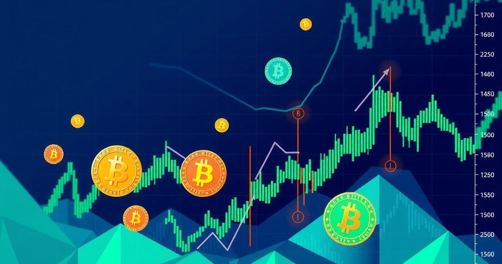 A digital illustration depicting Bitcoin price trends with fluctuating charts and financial graphs in blue and green hues.