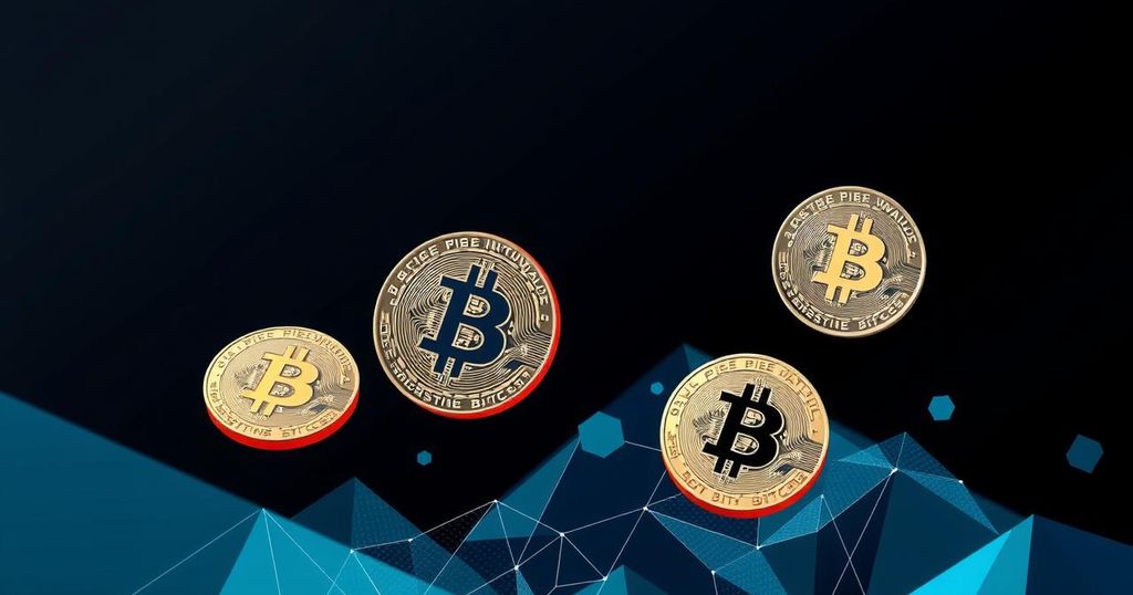 A digital representation of cryptocurrency with a dark background and an abstract geometric pattern in shades of blue and gold.