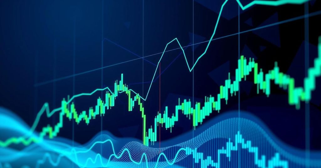 An abstract digital representation of fluctuating cryptocurrency prices with vibrant blue and green transactional lines.