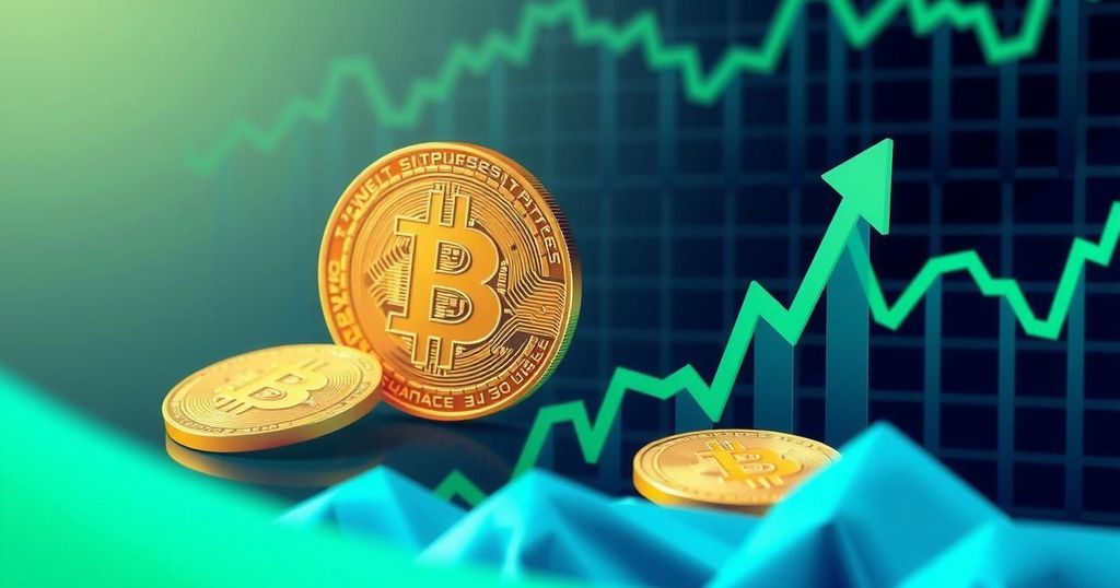 A visual representation of Bitcoin's market analysis, featuring a digital graph with rising trends and fluctuating values.