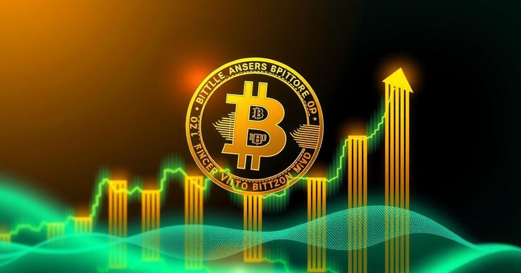 A futuristic Bitcoin logo against a backdrop of a rising, vibrant price chart, symbolising financial growth and innovation.