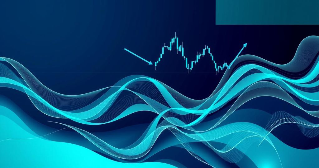 A visual representation of cryptocurrency trading dynamics with abstract lines and shapes in blue and green hues.