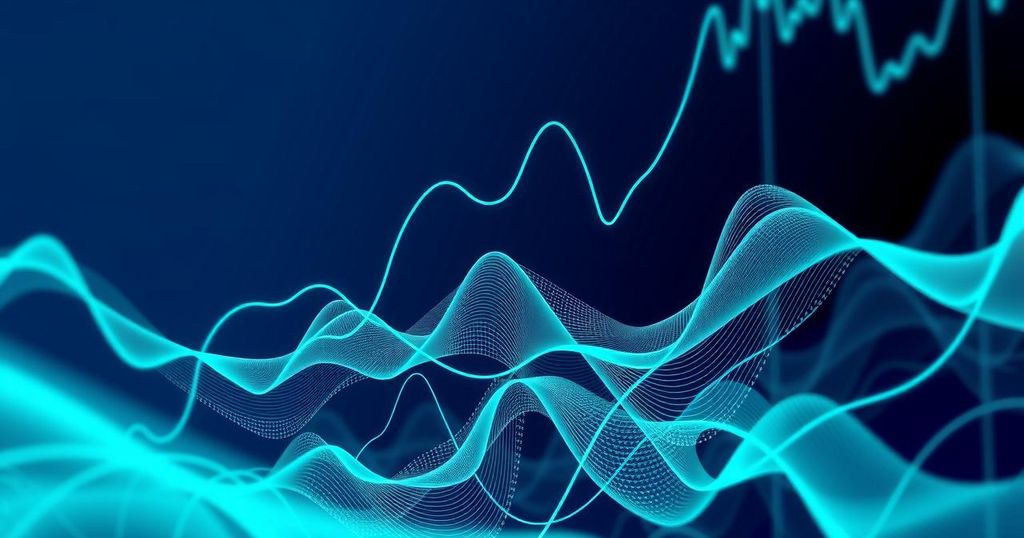 A stylised digital representation of Bitcoin trends, using a gradient of blue and green tones with dynamic shapes.