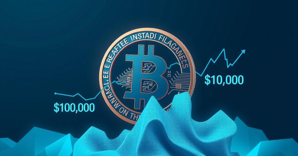 A digital illustration of Bitcoin symbol with fluctuating lines around a $100k mark, in a modern and minimalist style.
