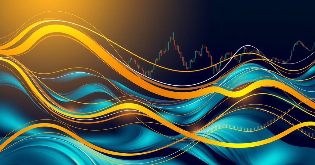 Abstract representation of Bitcoin's price dynamics in a vibrant and dynamic style with golden and blue hues.