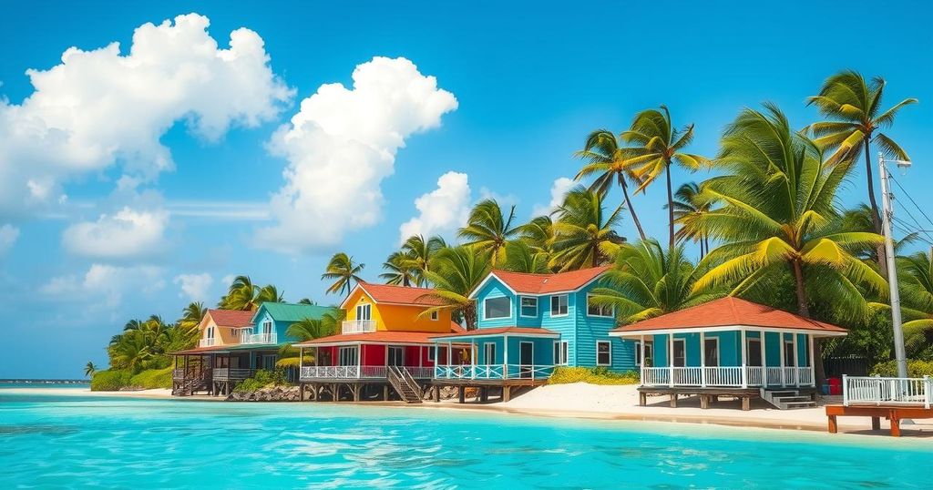 A vibrant beach scene in Guam, showcasing houses nestled along the shoreline under a clear blue sky.