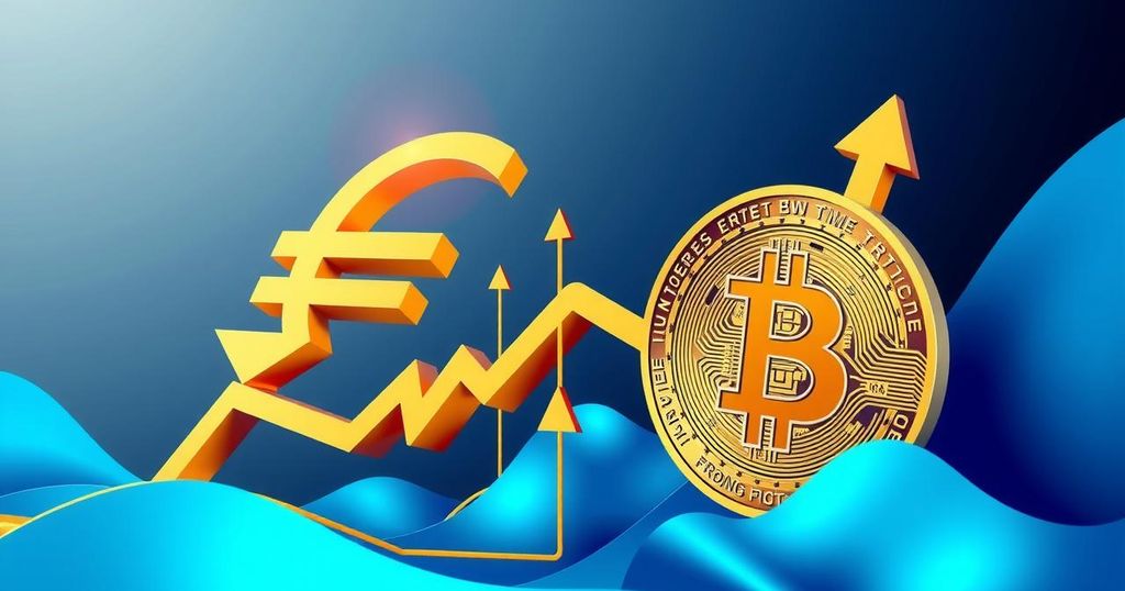 Graphic of Euro and Bitcoin markets, showing upward trends with vibrant colours and modern design elements.