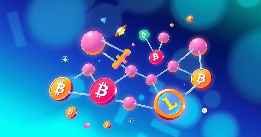 Colorful digital illustration of a blockchain concept with symbols of cryptocurrency and abstract patterns.