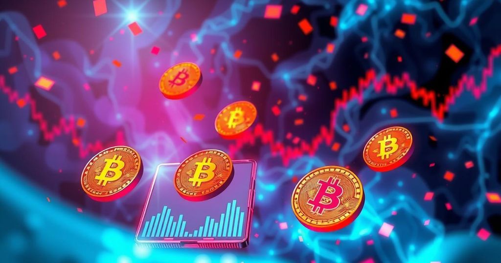 A digital depiction of a market scene showing Bitcoin symbols in vibrant hues, representing volatility and trade activity.