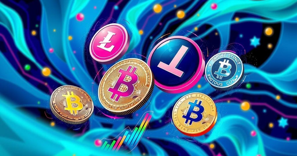 A digital representation of cryptocurrency symbols and a turbulent market graph in vibrant colours.