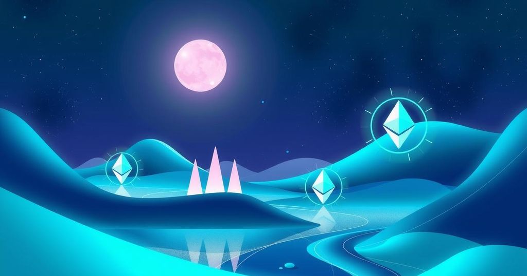 Tranquil digital landscape with Ethereum symbols in vibrant blue and green hues, reflecting crypto market dynamics.