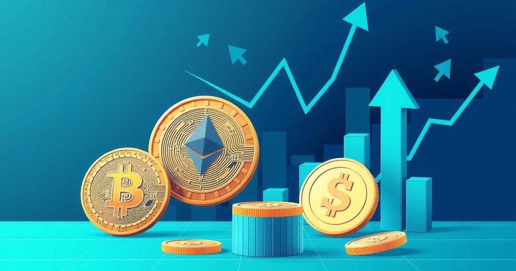 A digital illustration contrasting cryptocurrencies with interest rates and stablecoins in a modern finance setting.