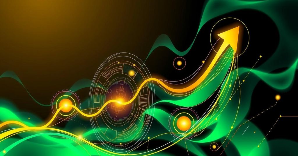 Abstract illustration of Bitcoin surge with a bullish trend, featuring vibrant greens and golds in a digital art style.