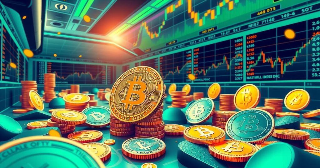 A vibrant cryptocurrency market scene with Bitcoin and altcoins, illustrating bullish trading energy and optimism.