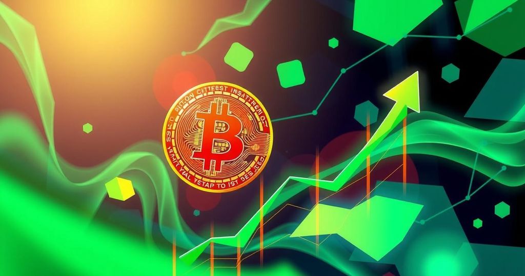 Bitcoin up over 1,05,700 with green crypto market; vibrant abstract visual representing digital currency growth.