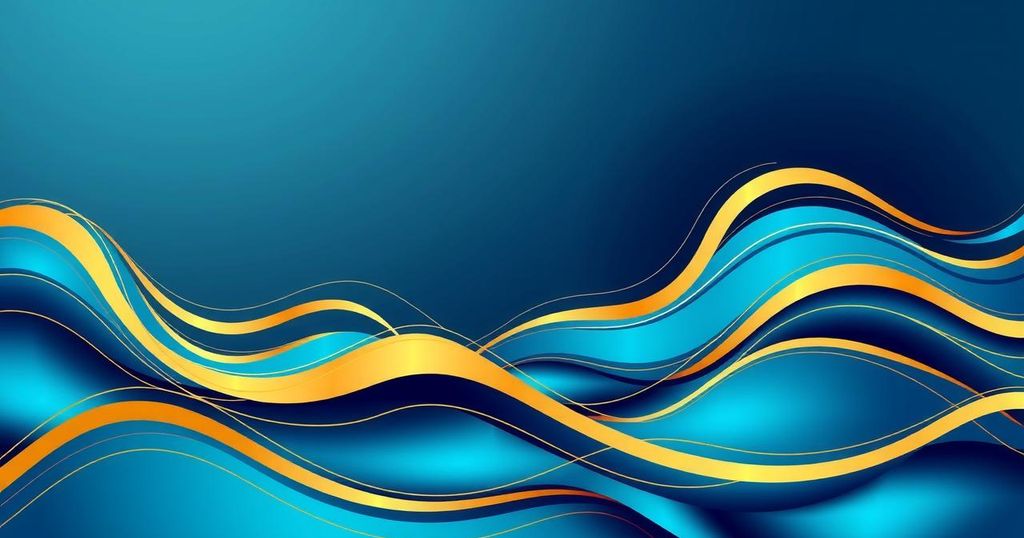 A visualisation of rising Ether ETF inflows with abstract waves in blue and gold tones, symbolising financial growth.