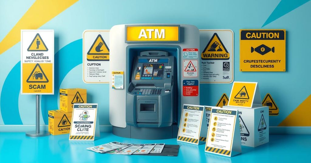 A cryptocurrency ATM surrounded by caution signs and flyers on scams, showcasing a vibrant and informative atmosphere.