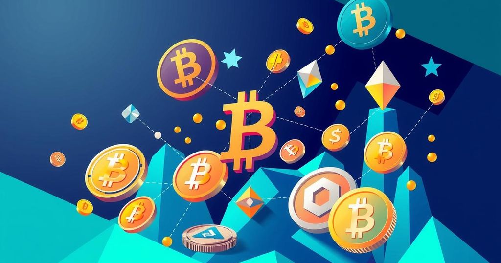 A digital illustration of cryptocurrency concepts featuring abstract blockchain symbols and various memecoins in vibrant hues.