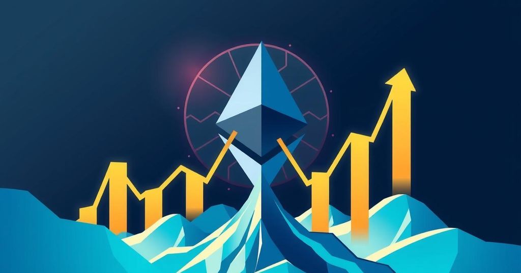 A stylised Ethereum logo surrounded by upward-trending charts in a blue and gold colour scheme.