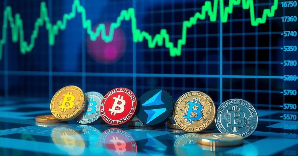 A still life showcasing digital currency symbols on a fluctuating graph background, in a modern artistic style.