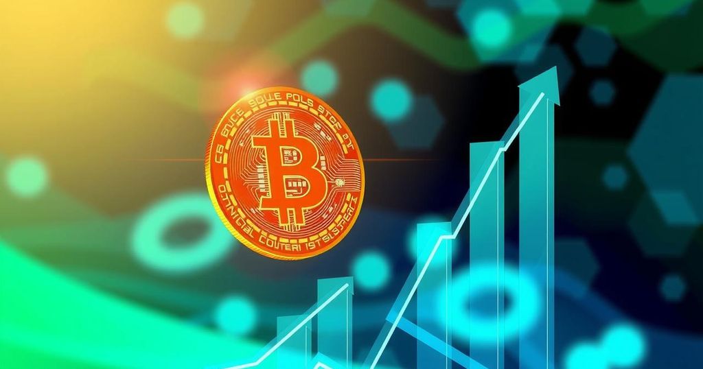 A digital illustration showing a Bitcoin symbol with a rising graph and vibrant colours highlighting market trends.