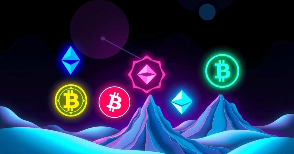 Vibrant digital illustration of five cryptocurrencies symbolising growth, technology, and innovation in a futuristic landscape.