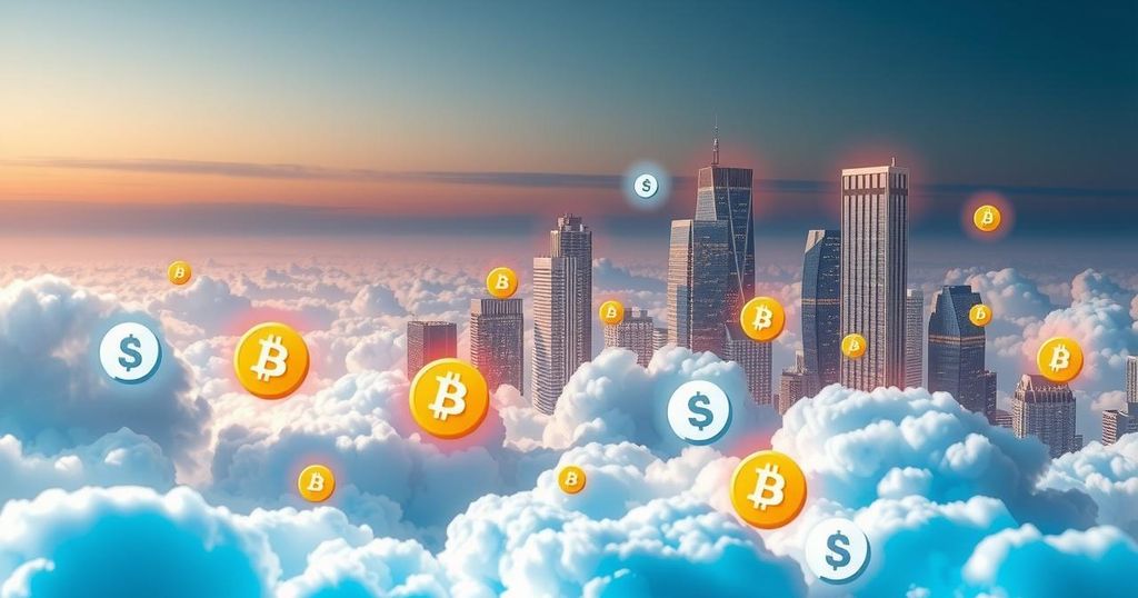 A vibrant digital representation of cloud mining, featuring cryptocurrencies symbols set against a futuristic city skyline.