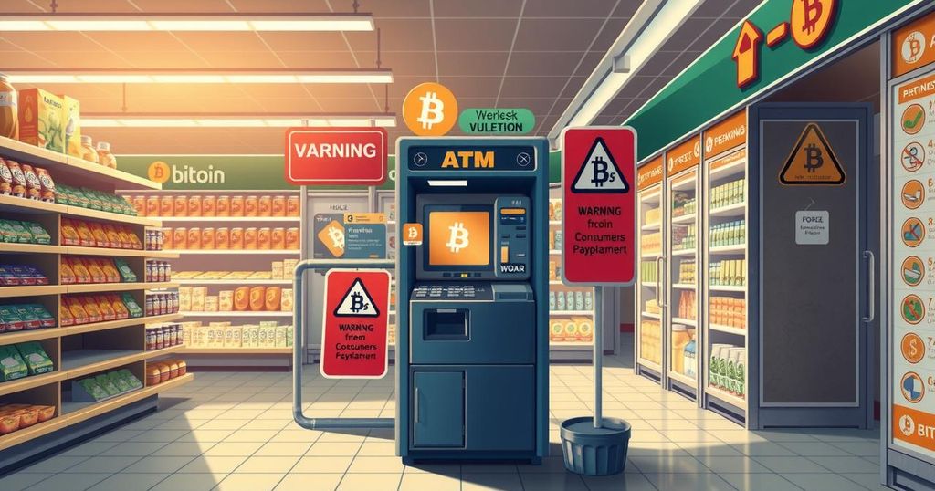 A Bitcoin ATM surrounded by warning signs in a grocery store, symbolising consumer protection against scams.