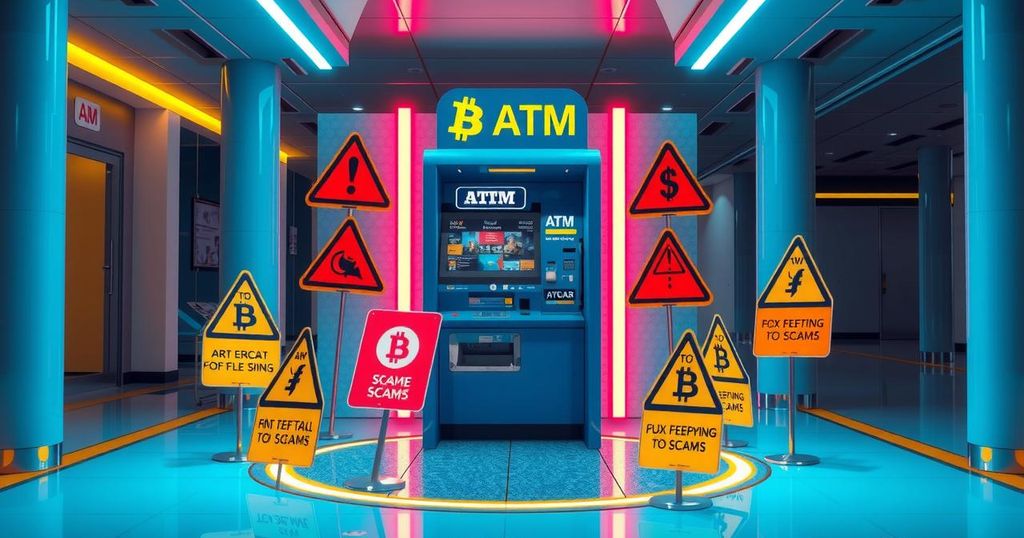 A Bitcoin ATM surrounded by warning signs, set in a bright, modern context to prevent scams.
