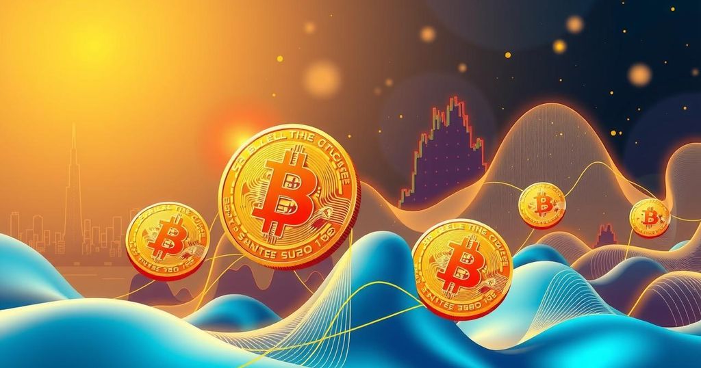 A conceptual illustration depicting Bitcoin and Global M2 money trends with futuristic elements in blue and gold hues.