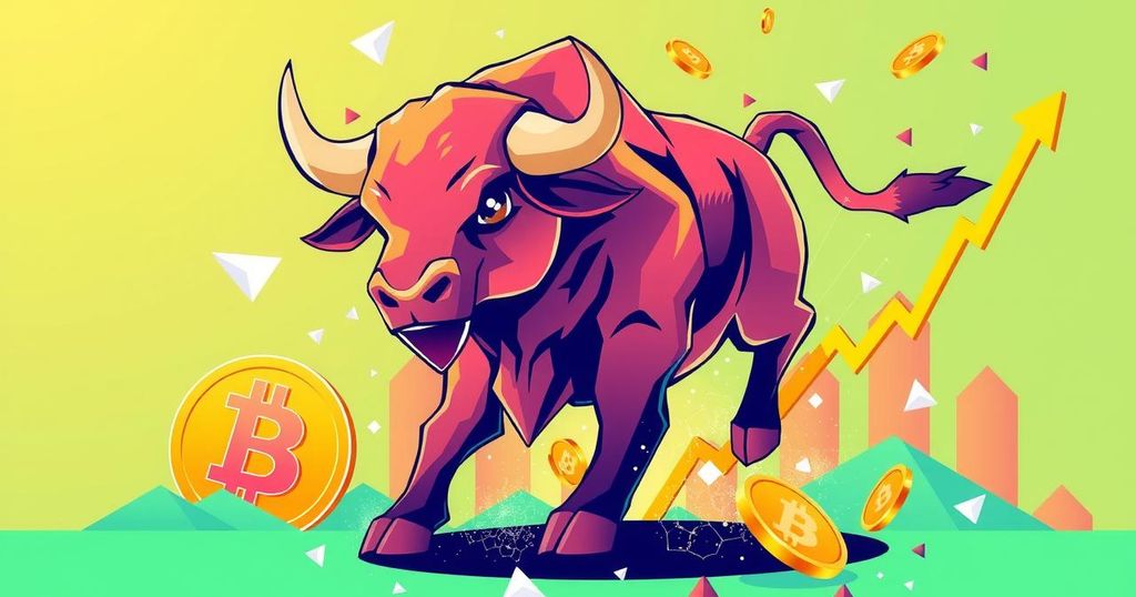 Bullish cryptocurrency token symbol with rising price indicators and Bitcoin elements, illustrated in vibrant colours.