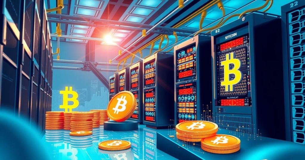 A digital mining operation scene filled with Bitcoin and technology elements in a vibrant colour scheme.
