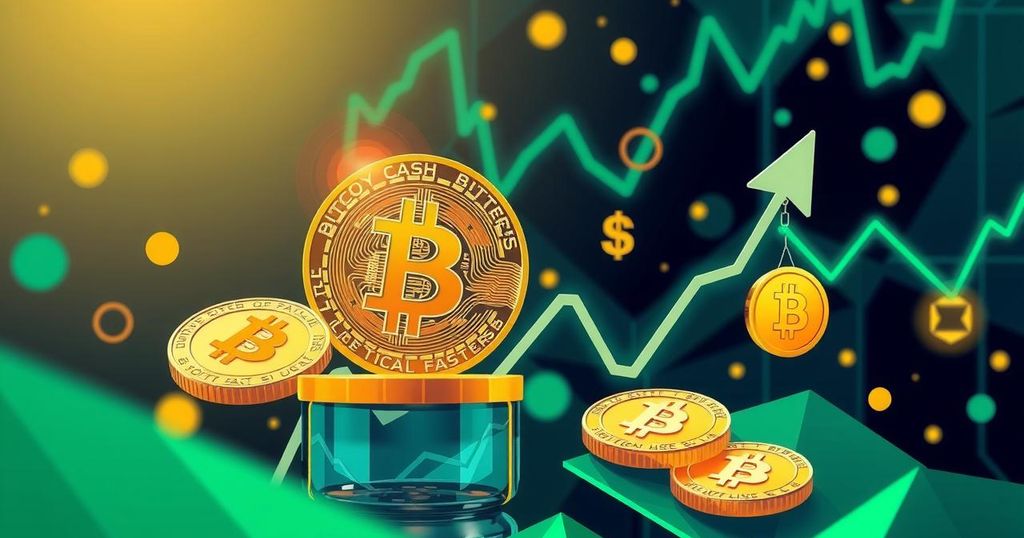 A vibrant digital artwork depicting Bitcoin Cash as a rising cryptocurrency, featuring graph lines and currency symbols.