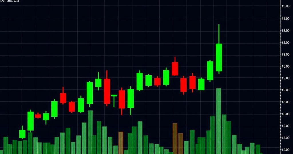 A candlestick chart representing Bitcoin price trends with green and red bars