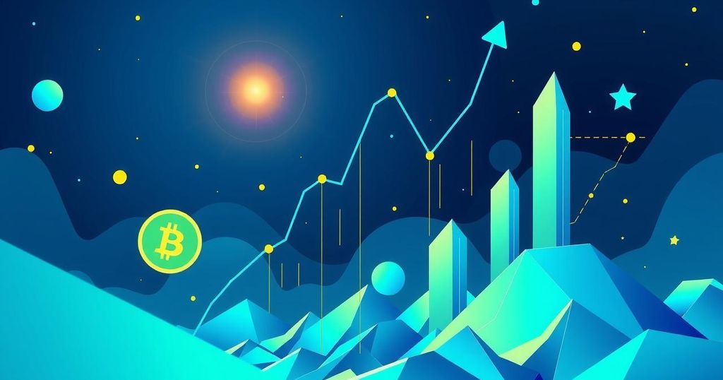 A futuristic digital landscape showcasing Bitcoin's rise with vibrant geometric shapes and blue-green hues.