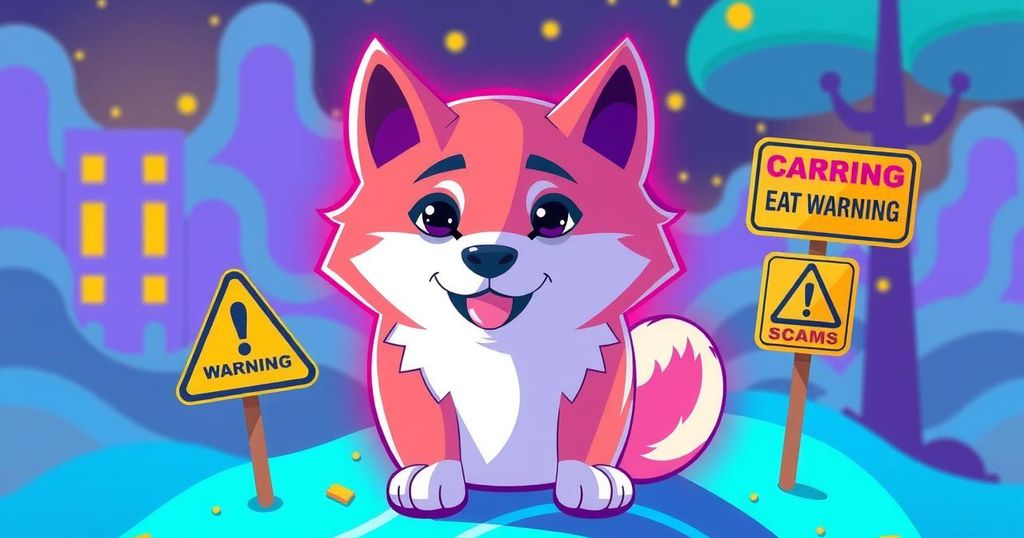 A Shiba Inu symbolising alertness amidst a digital landscape, with warning signs against scams in a vibrant crypto aesthetic.