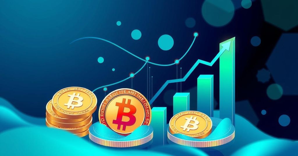 Abstract representation of cryptocurrency growth with stylized coins, charts, and digital elements in vibrant colours.