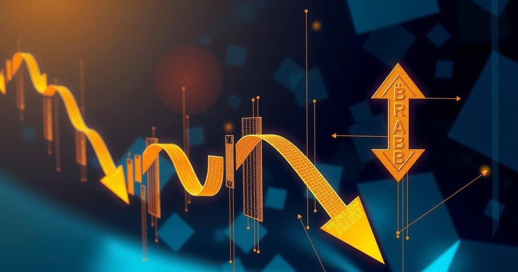 Abstract representation of Bitcoin trends with downward arrows, reflecting bearish sentiment in financial markets.