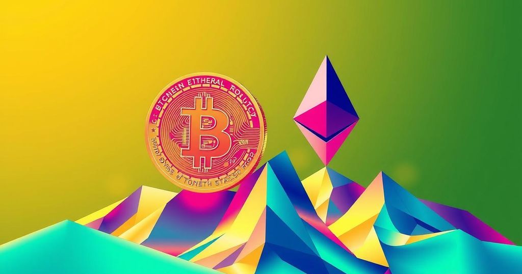 A vibrant graphic illustrating the concepts of Bitcoin and Ethereum's price potential, with upward market trends and altcoins.