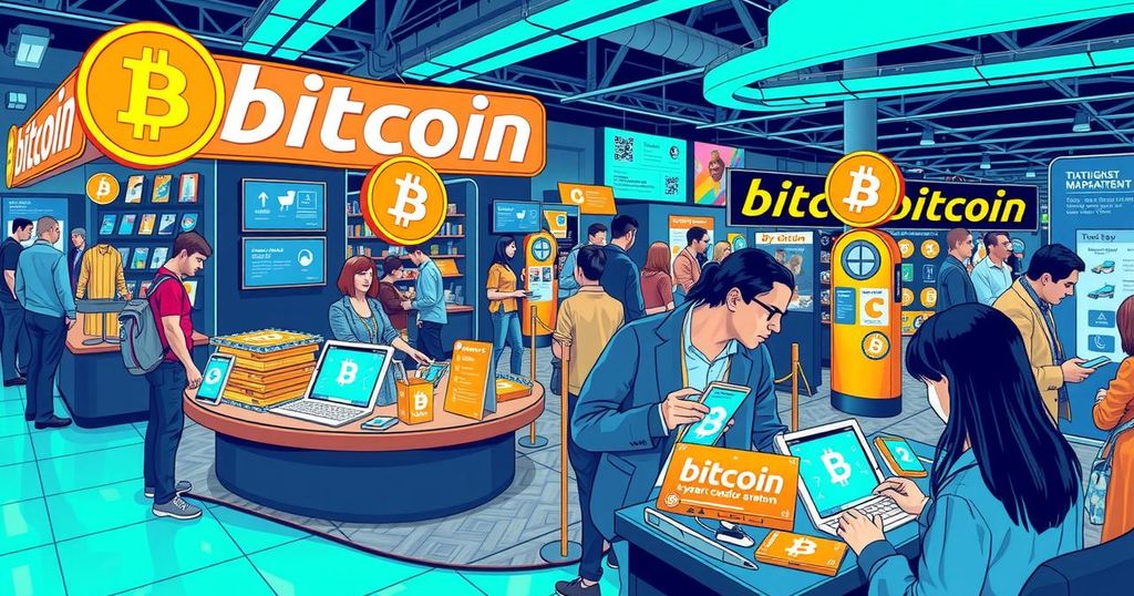 A bustling Bitcoin event showcasing point-of-sale transactions with vibrant colours and modern technology.
