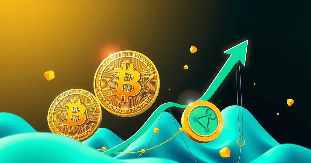 A vibrant digital art piece showcasing Bitcoin, XRP, and Solana symbols amidst a bullish market atmosphere.