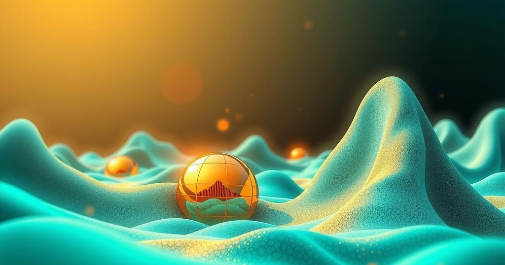 A turquoise and gold abstract digital landscape symbolising cryptocurrency and financial innovation.