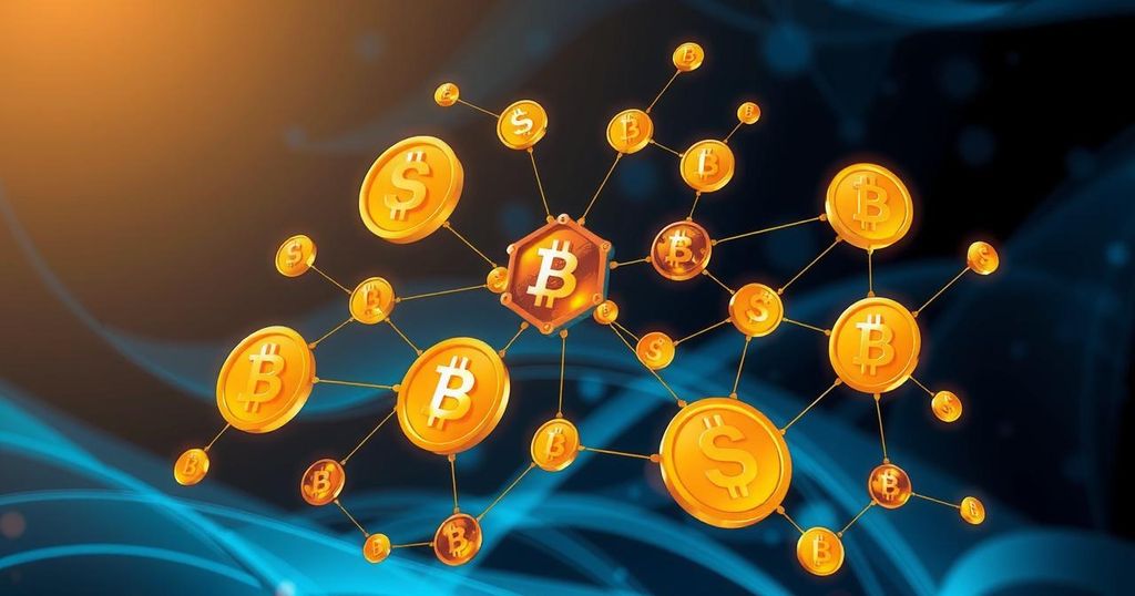 A digital representation of cryptocurrency symbols, resembling a network with gold and blue hues, reflecting innovation.