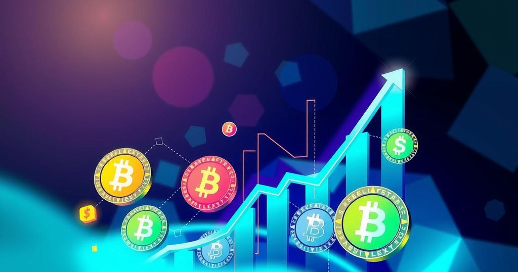 A stylised representation of a financial graph with upward movement amidst digital currency symbols in vibrant blues and greens.