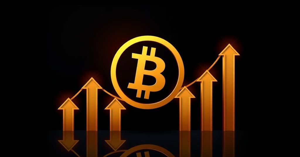 Golden Bitcoin with upward trend arrows on a dark background symbolising market recovery and investment growth.